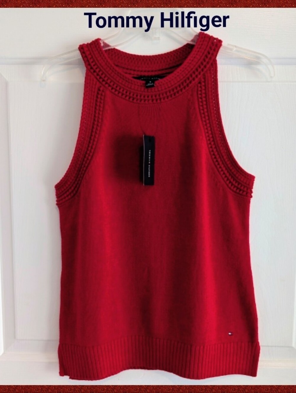 Fall Tommy Hilfiger Red Halter Knited Tank Crocheted Trim Cotton